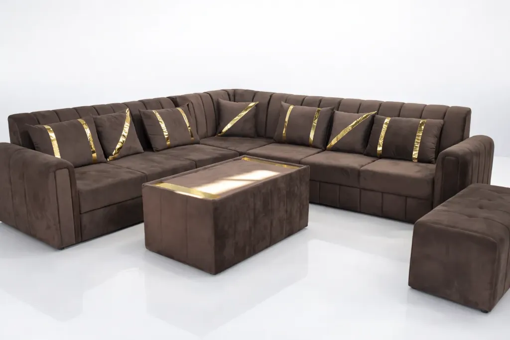 Elegant brown sectional with gold accents
